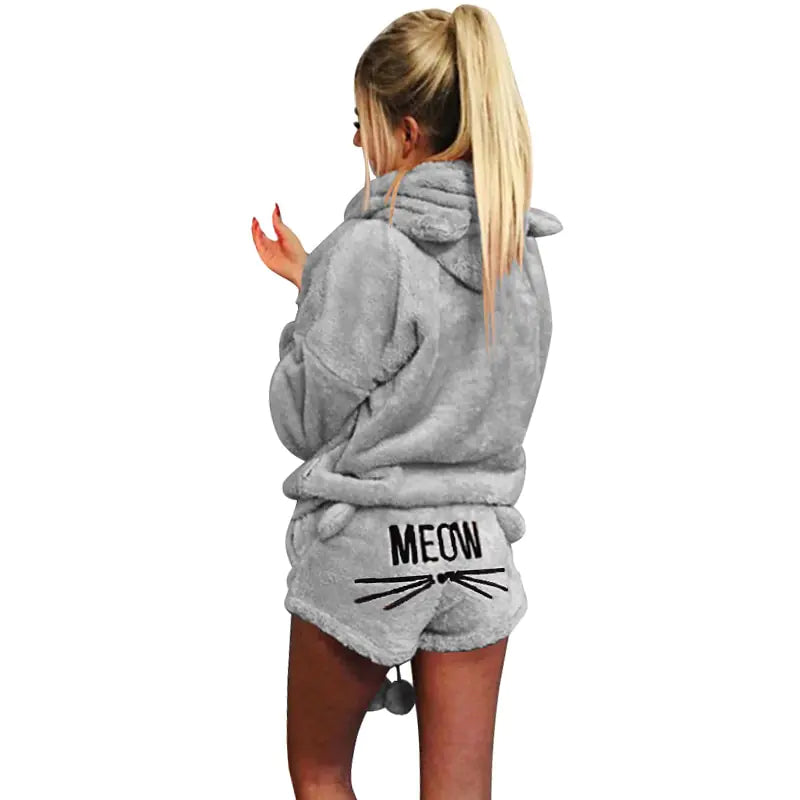 Meow Plush Hoodie Pajama Short Set