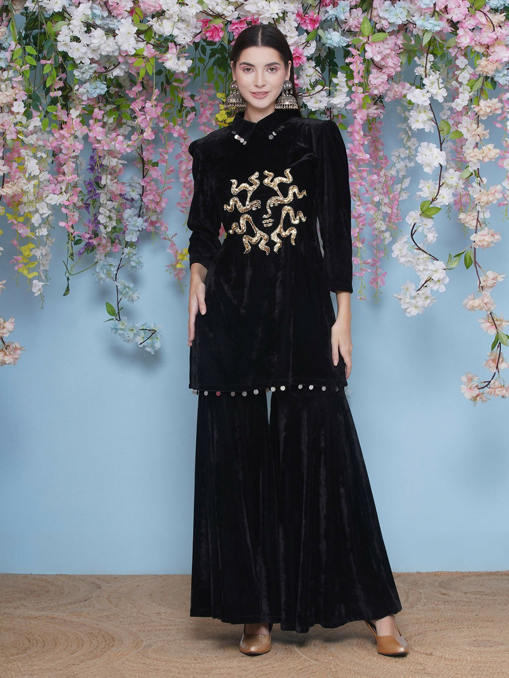 Black Velvet Sharara Set with Maroon Accents
