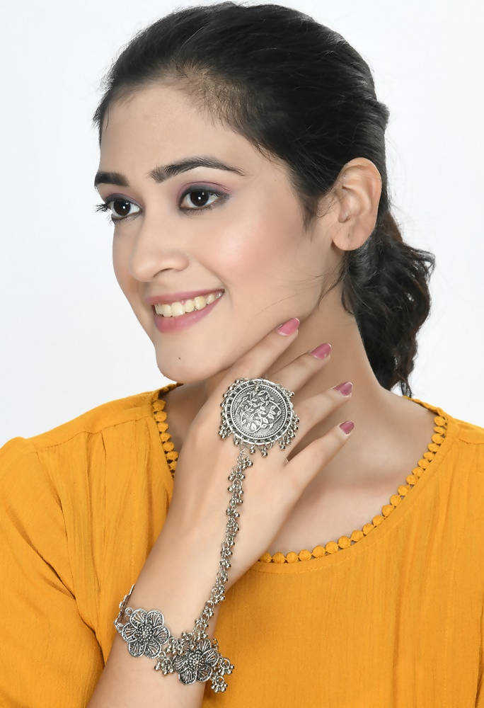 Oxidised Silver-Plated Floral Design Bracelet for Women
