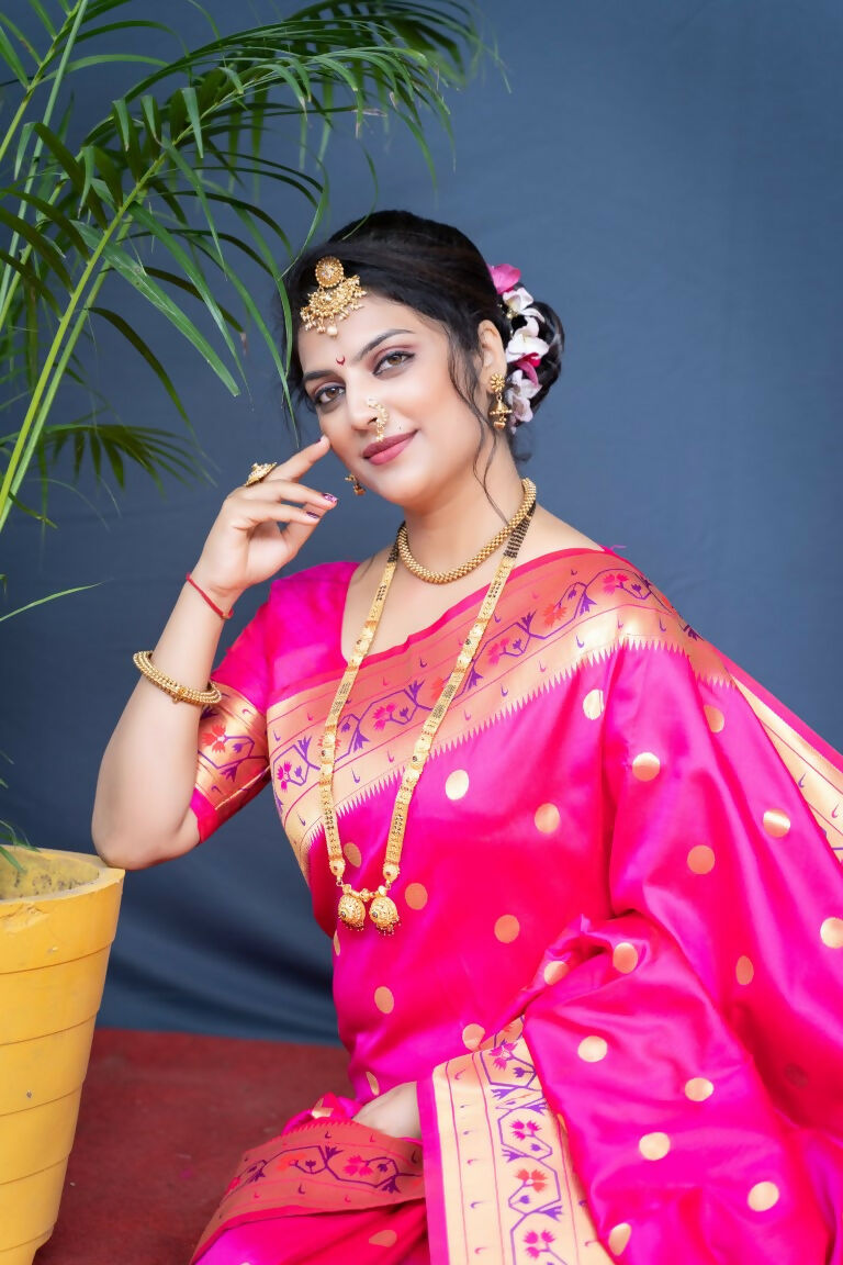 Pink Paithani Silk Saree with Zari Woven Border and Blouse