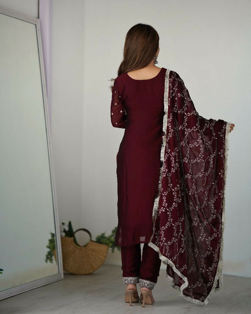Wine Silk Kurta Set with Intricate Sequence Embroidery Work