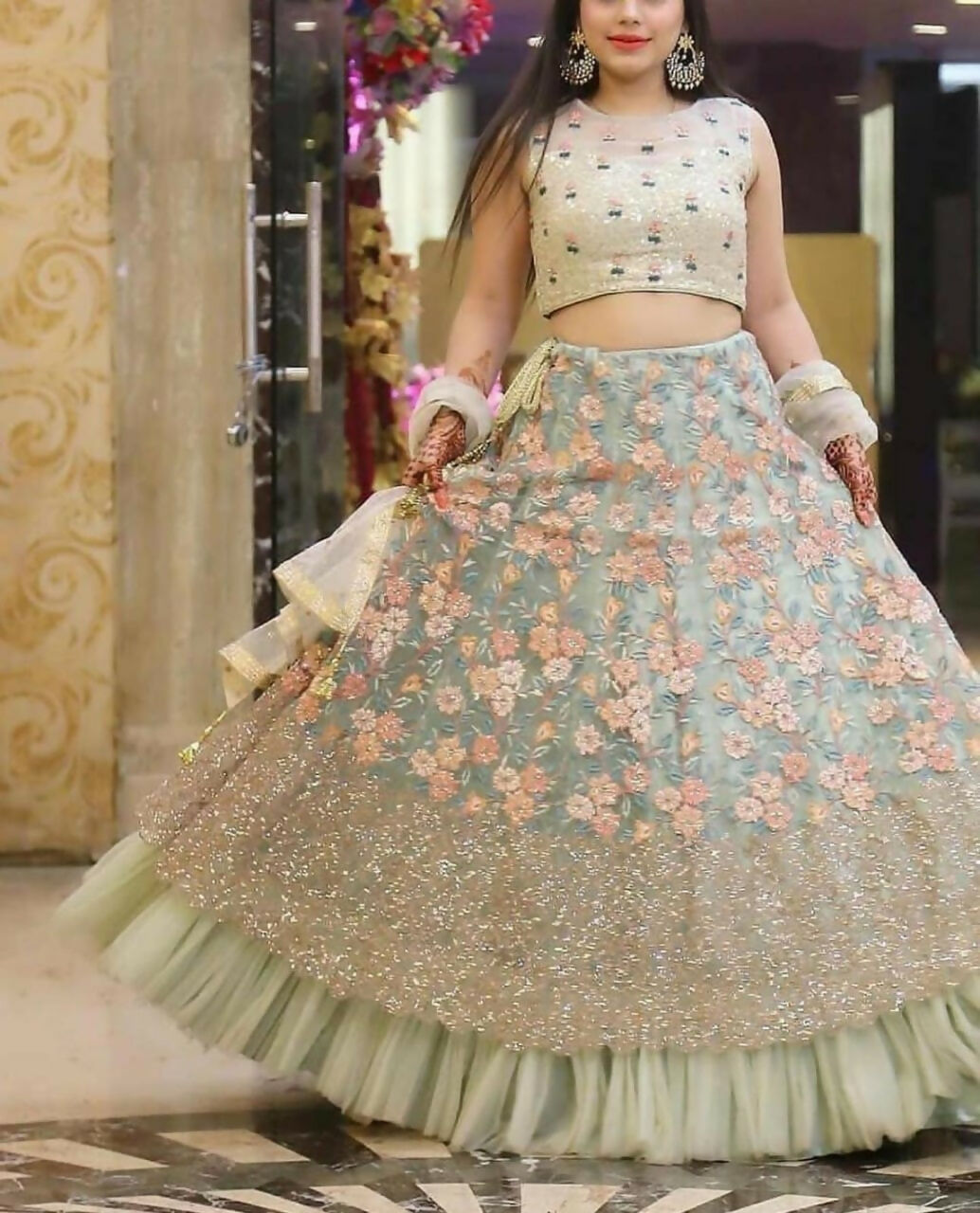 Sea Green Net Lehenga Choli with Thread & Jari Embroidery