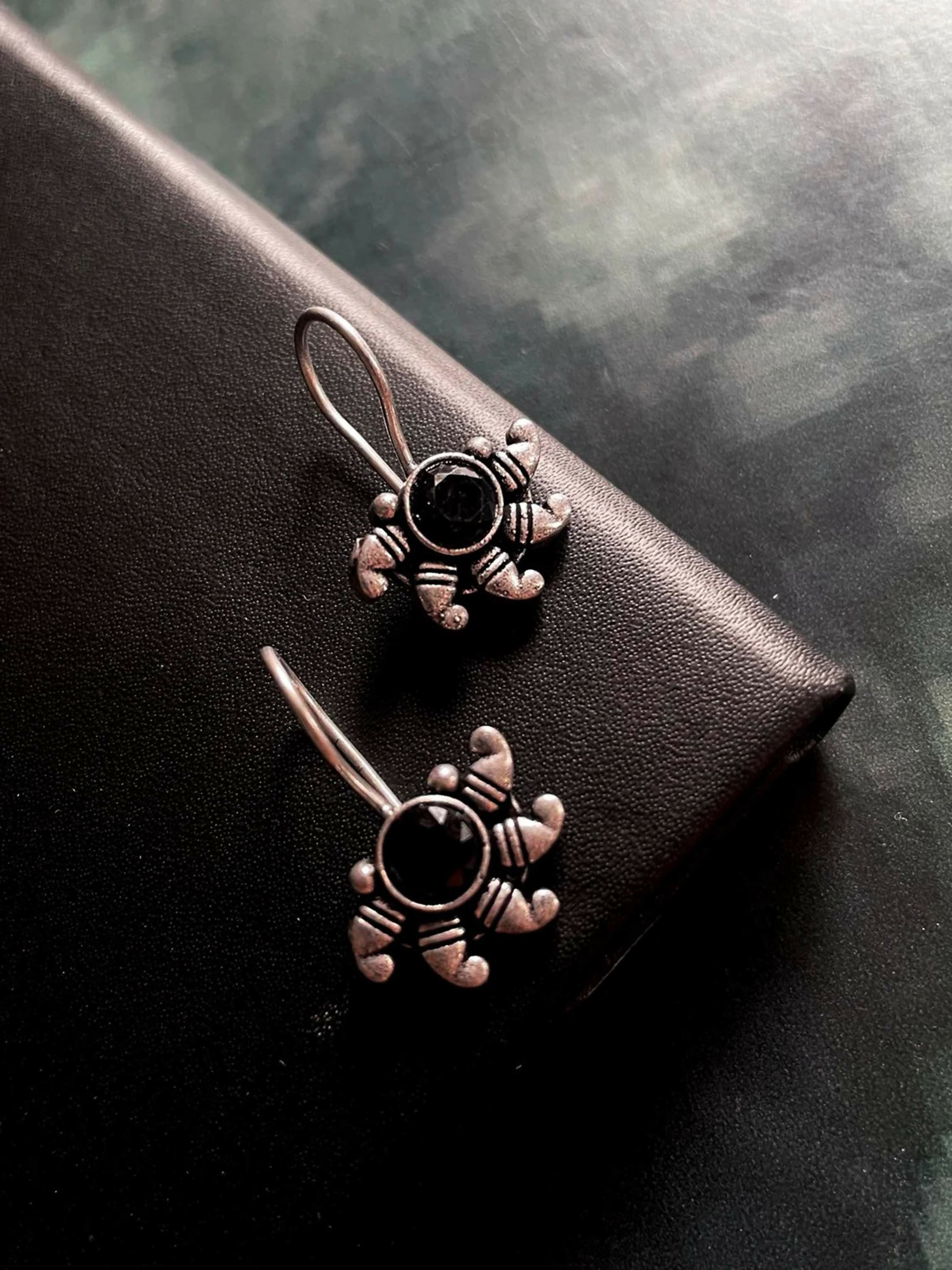 Black Monalisa stone oxidized half flower brass earrings for women