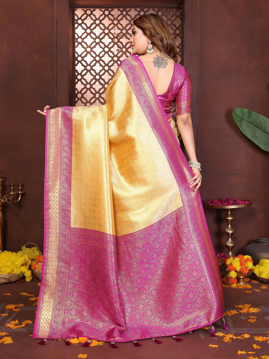 Cream Tissue Silk Woven Saree with Magenta Blouse