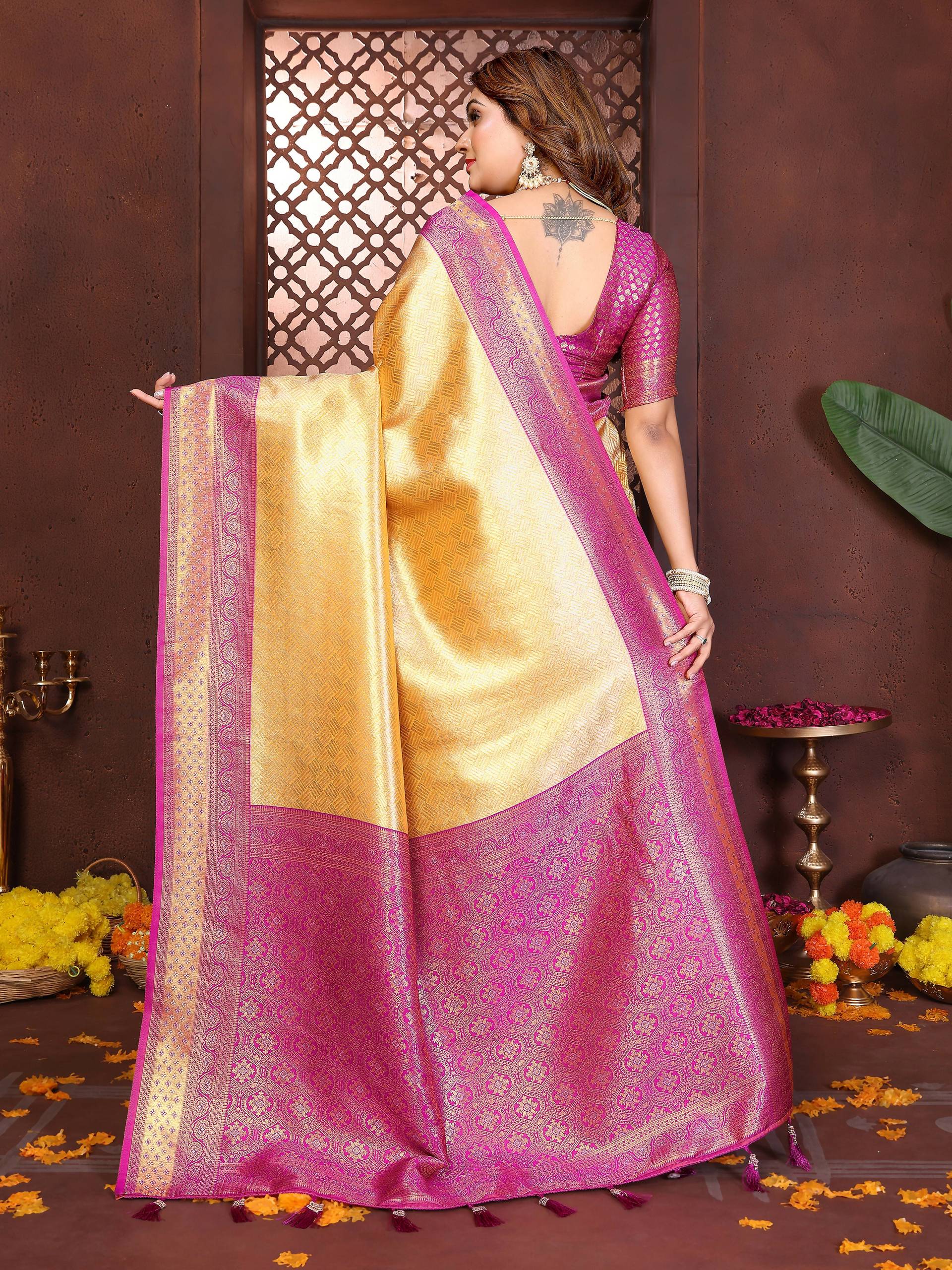 Cream Tissue Silk Woven Saree with Magenta Blouse