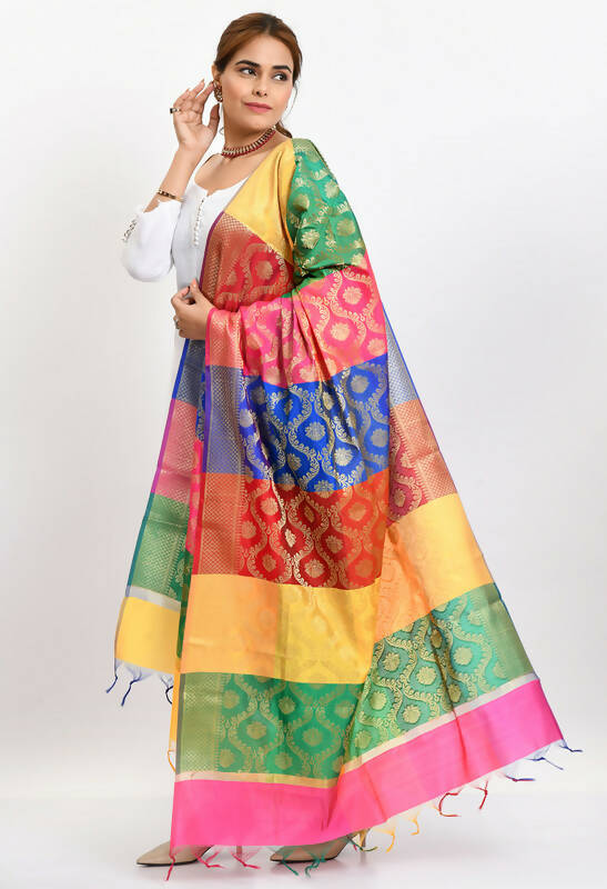 Banarsi Silk Floral Woven Dupatta - Elegant Multi-Color Stole