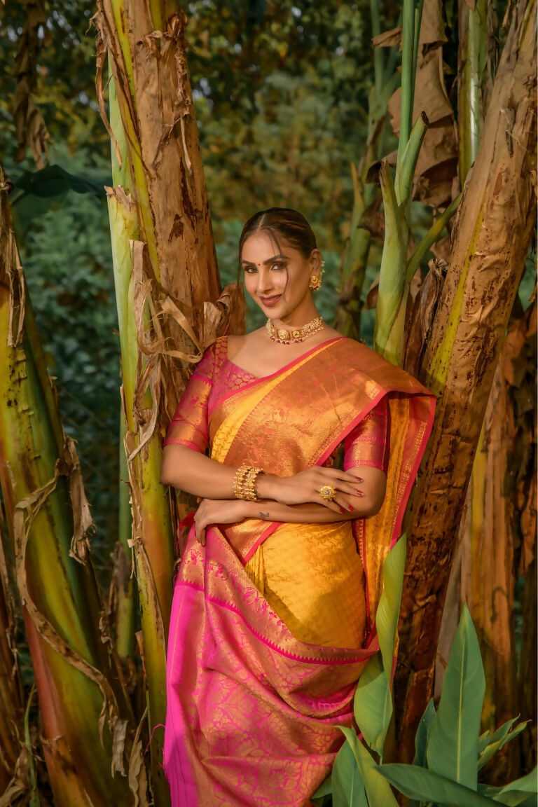Women's Yellow Kanjivaram Silk Zari Woven Saree with Pink Blouse