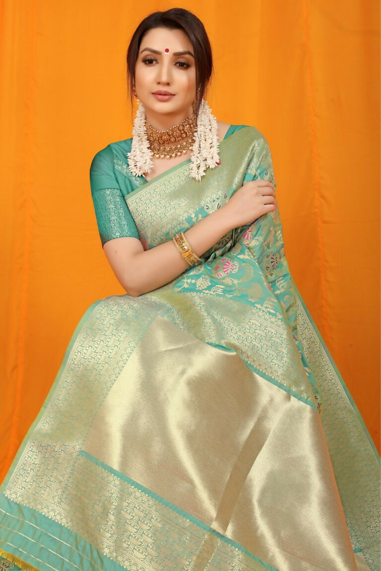 Women's Sea Green Kanjivaram Silk Zari Woven Saree with Blouse