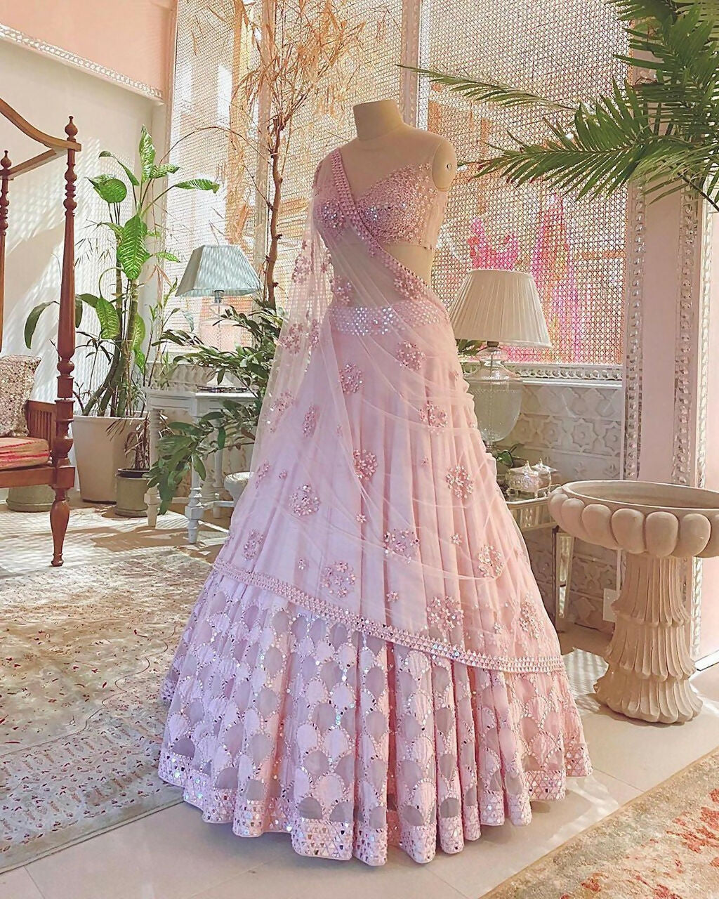 Baby Pink Silk Thread & Paper Mirror Lehenga Choli with Dupatta