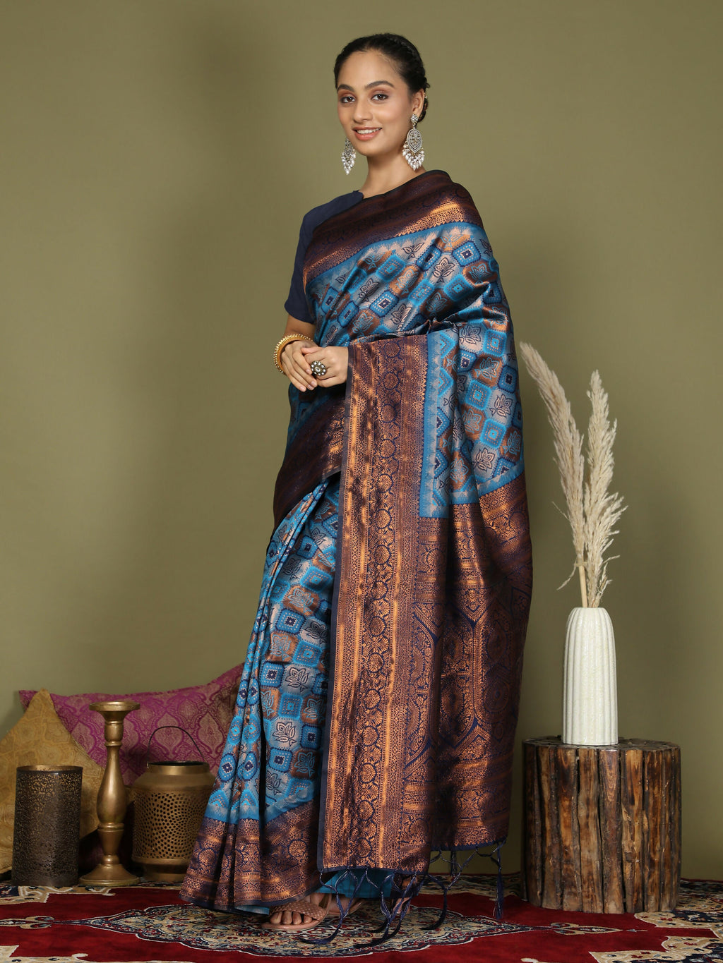 Sky Blue Lichi Silk Saree with Blue Blouse