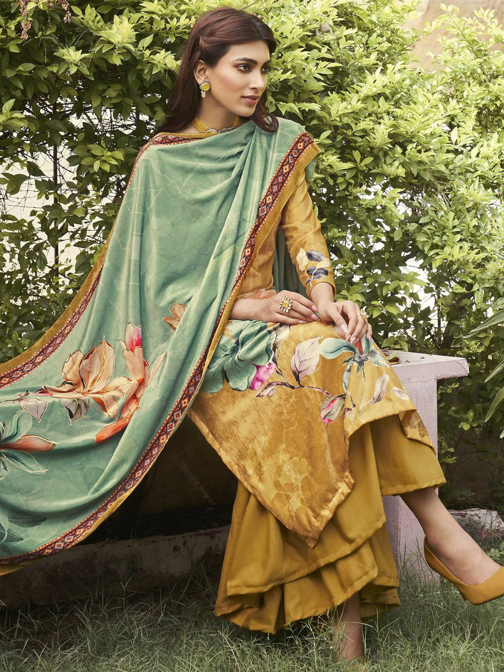 Mustard Velvet A-Line Floral Kurta Set with Palazzo and Dupatta
