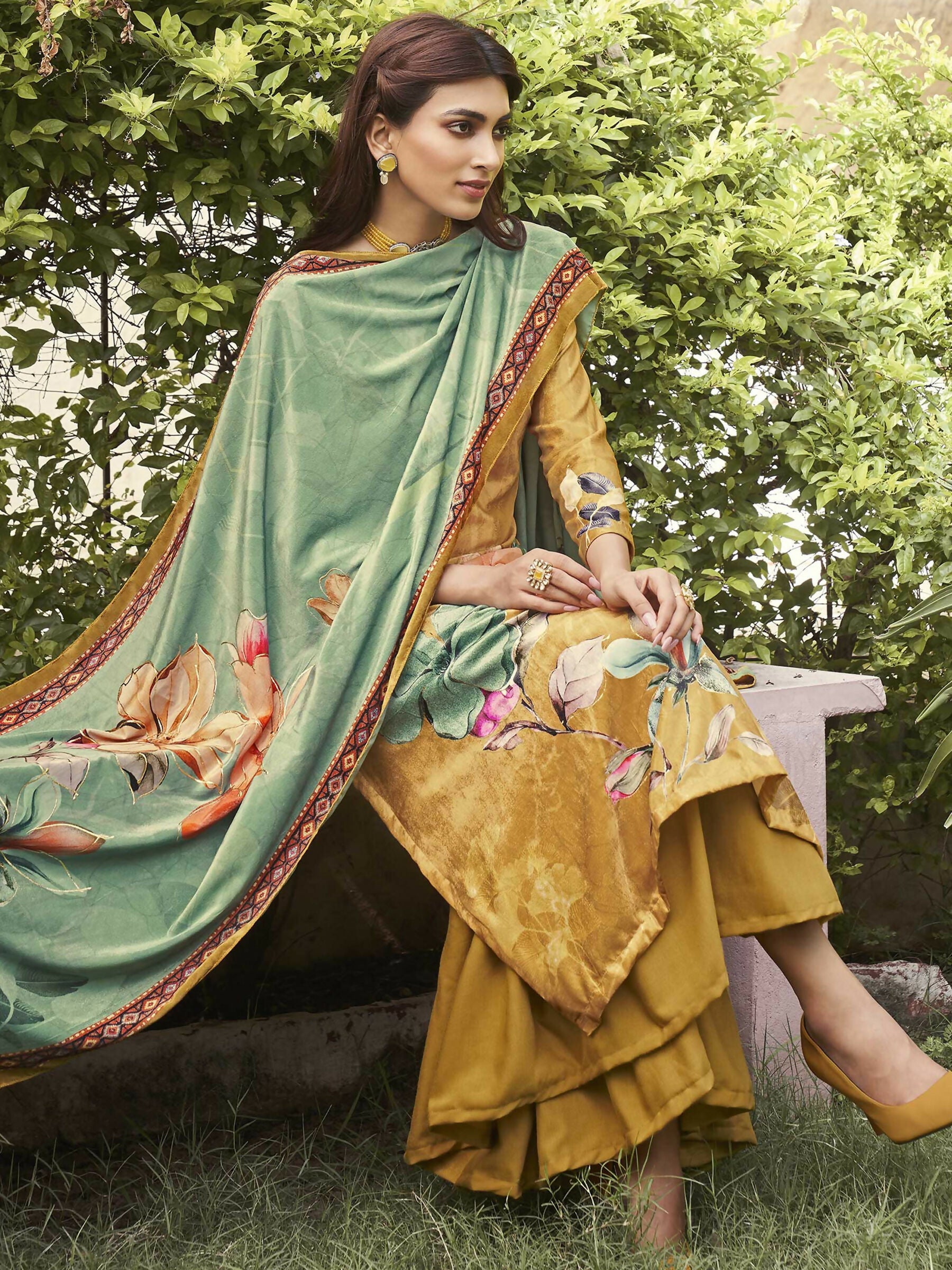 Mustard Velvet A-Line Floral Kurta Set with Palazzo and Dupatta