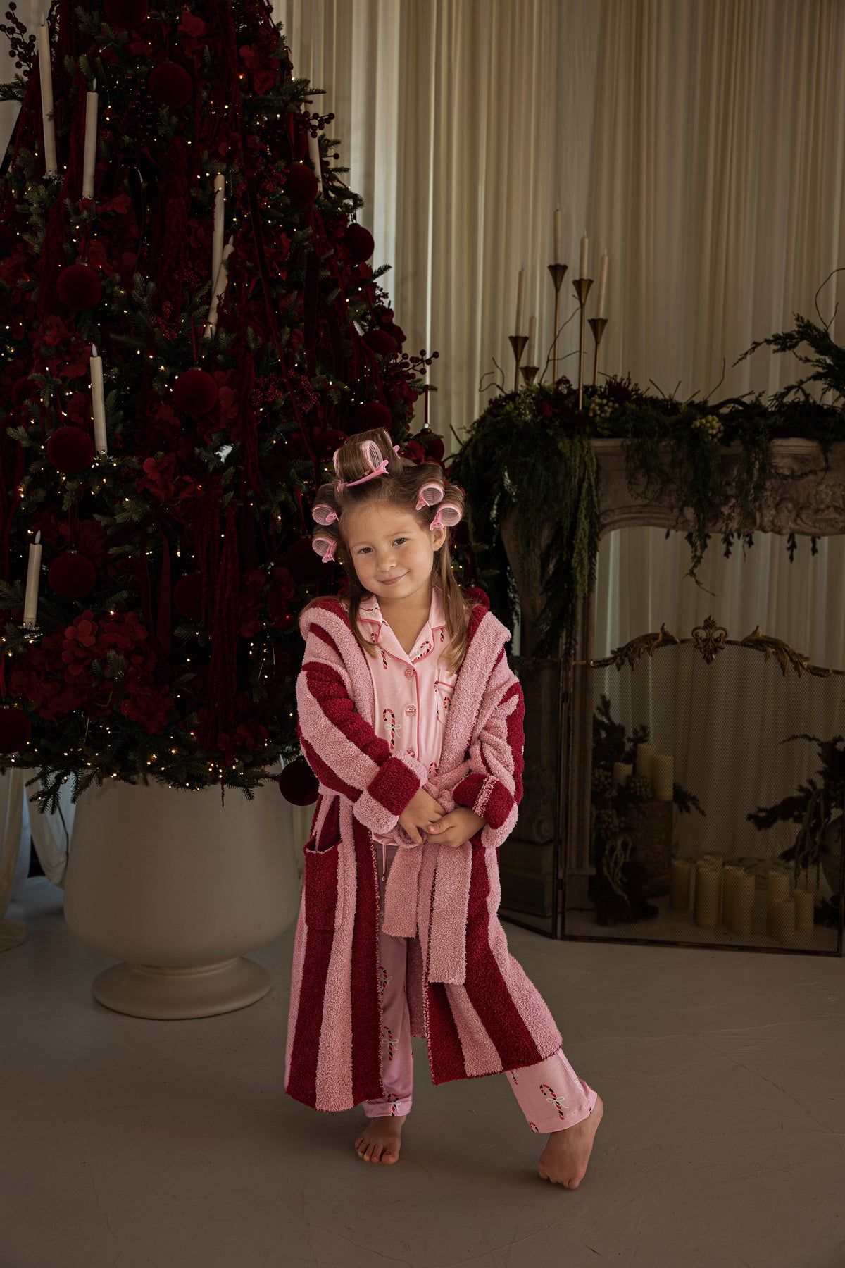 Girl's Bamboo Button Up Lounge Set | Pink Candy Cane