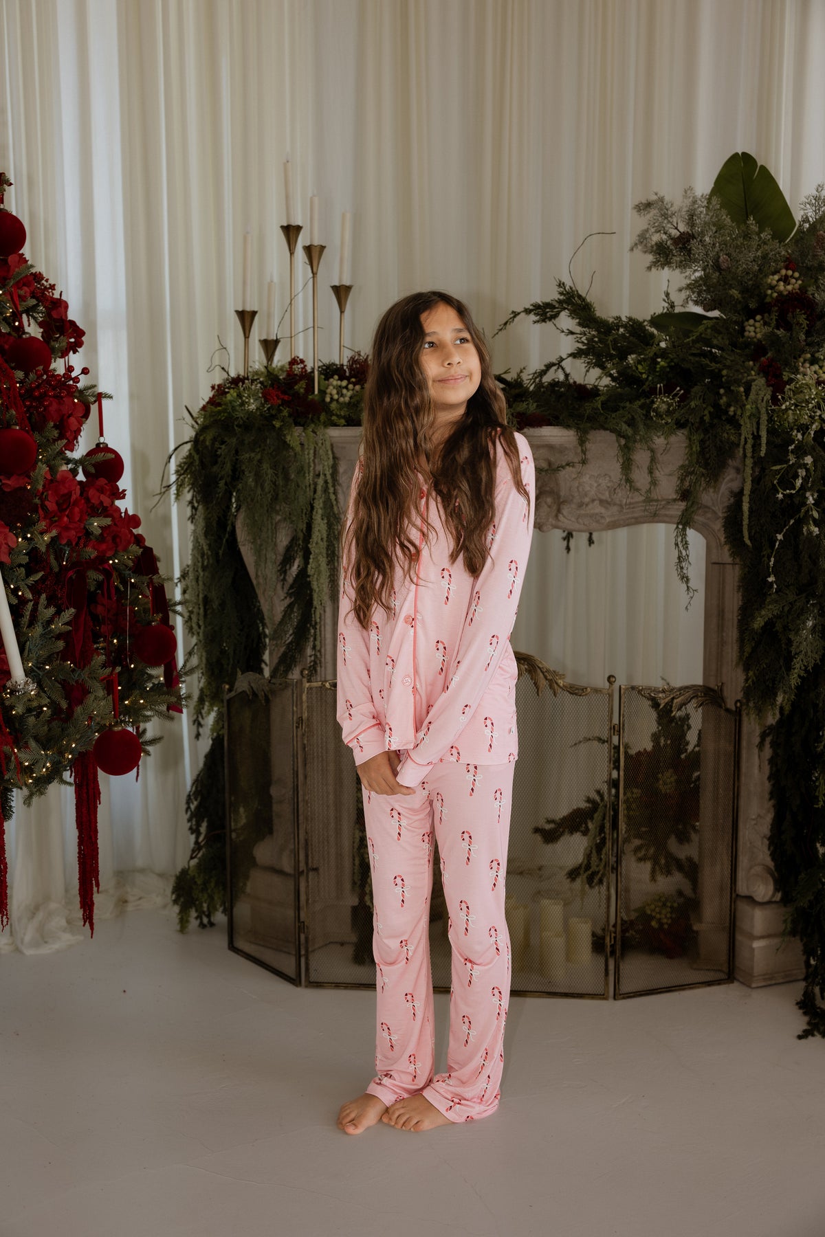 Girl's Bamboo Button Up Lounge Set | Pink Candy Cane