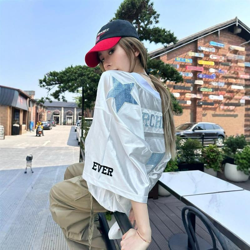 Harajuku Digital Mesh Short Sleeve T-Shirt with Number 7 Print - Image 2