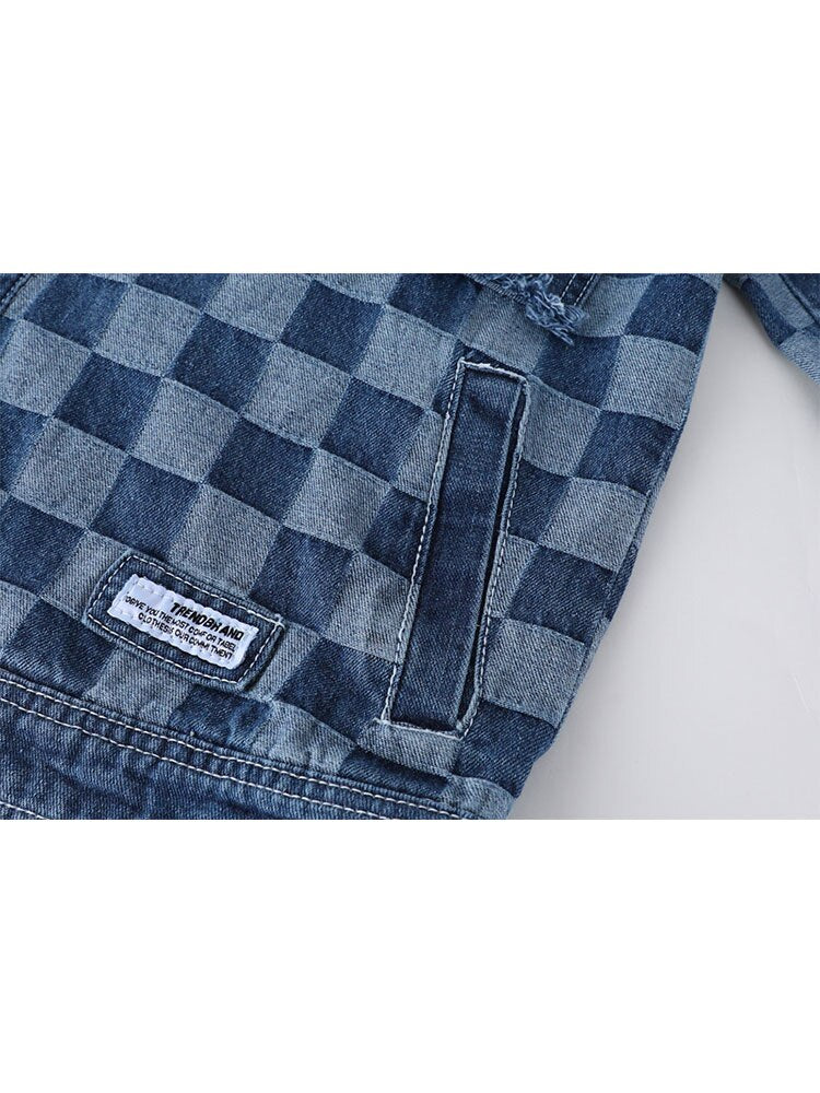 Women's Vintage Y2K Plaid Patchwork Denim Trucker Jacket - Image 4