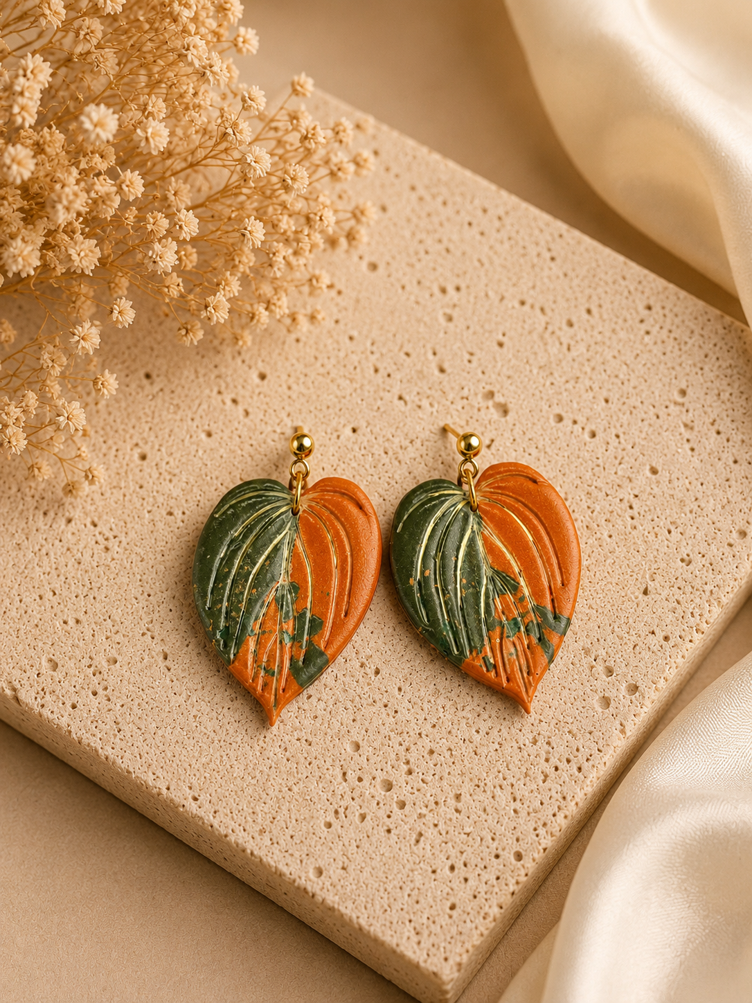 Handmade Pink Mican plant inspired polymer clay earrings with stainless steel posts