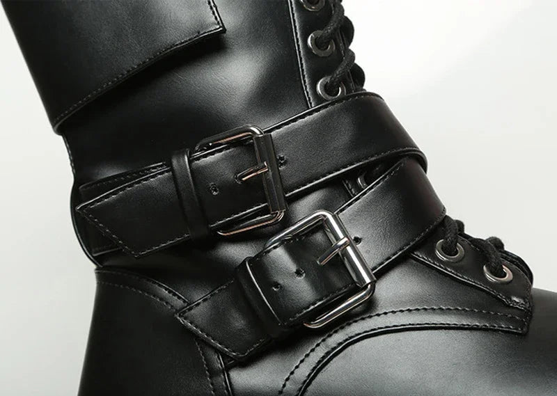 Women's Black Lace-Up Knee High Platform Motorcycle Boots with Chain - Image 5