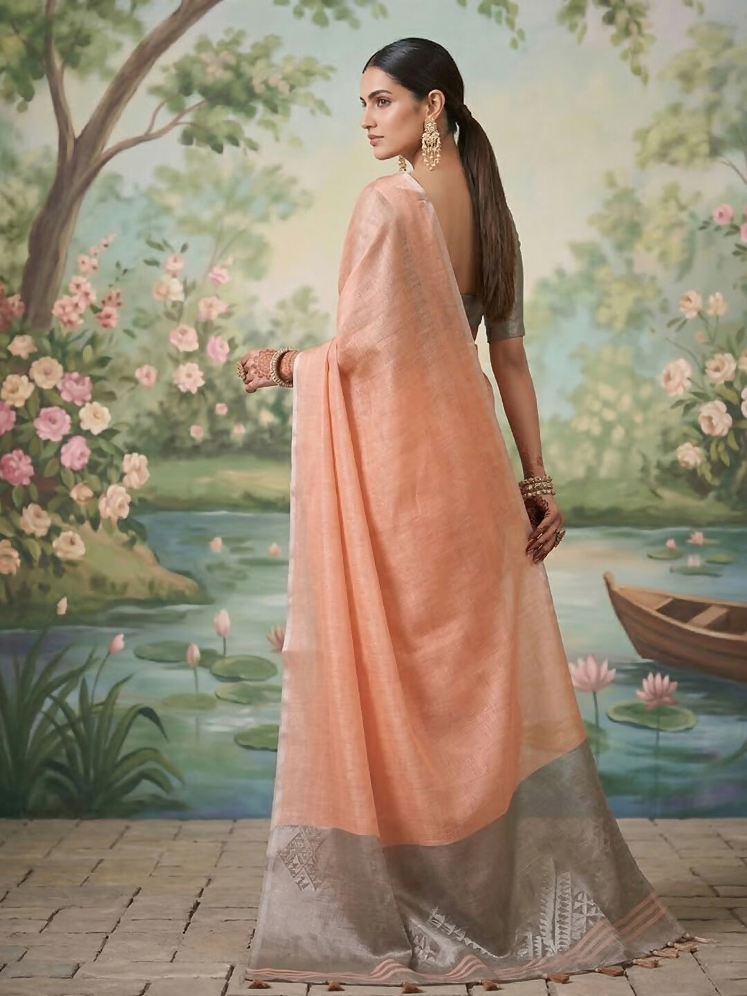 Peach Tissue Silk Saree with Matching Blouse Piece