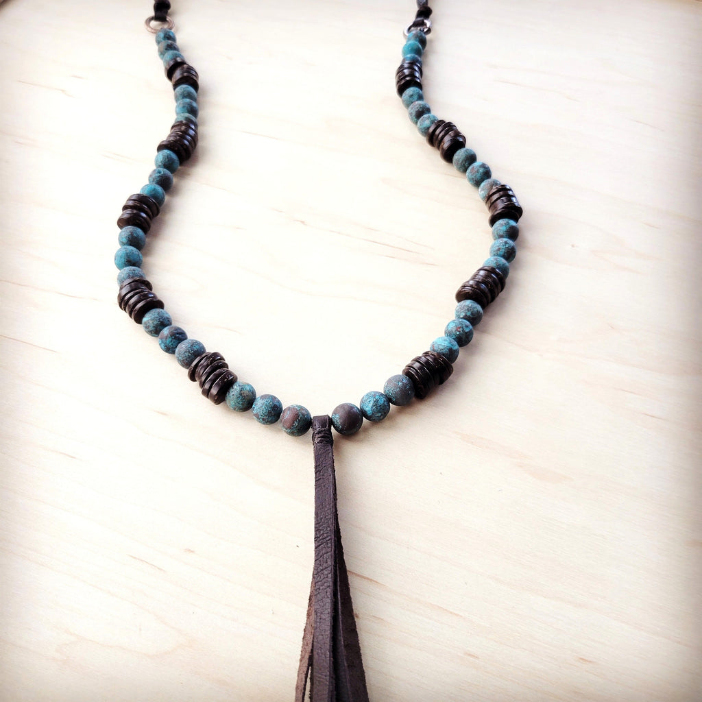 Natural American Turquoise and Wood Bead Tassel Necklace - Image 2