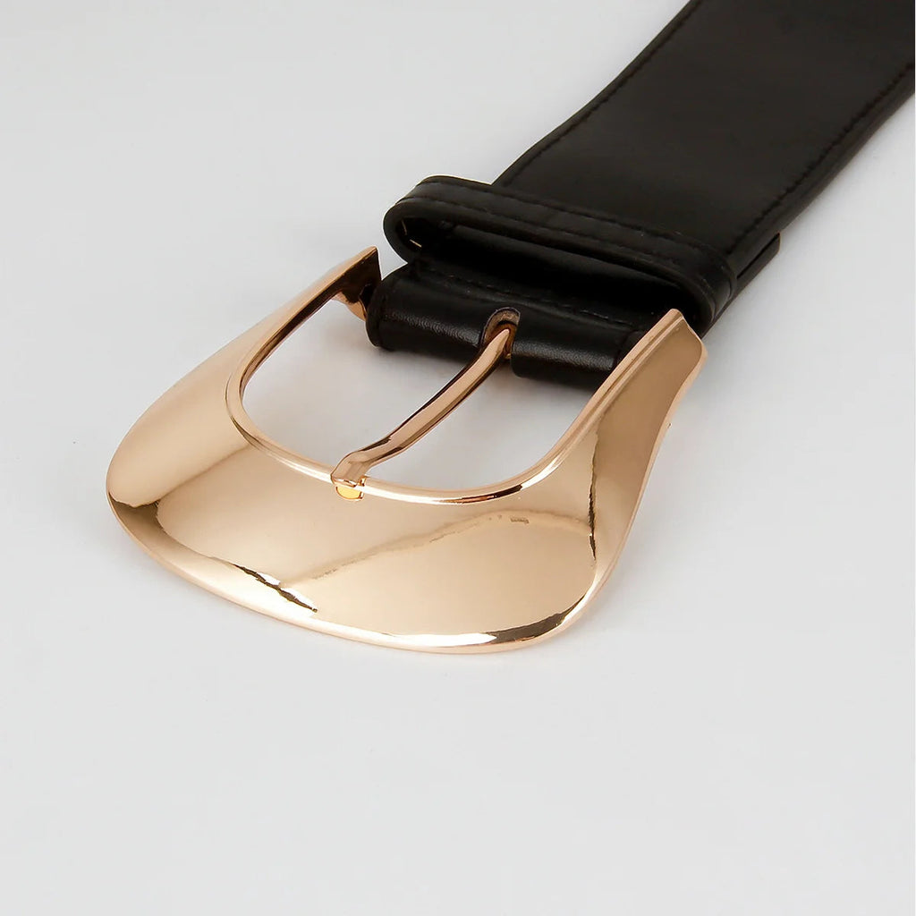 Black Wide Elastic Waist Belt with Oversized Gold Buckle - Image 4