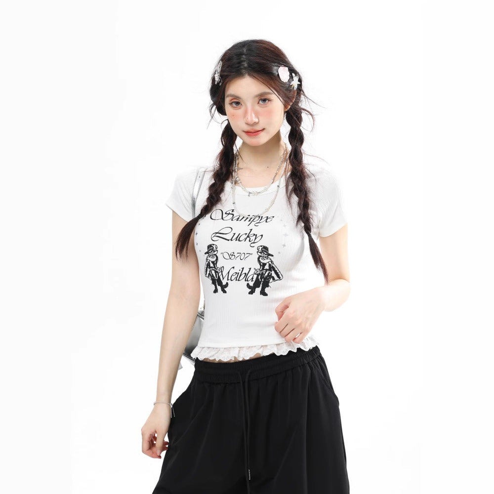 Women's Black Ribbed Graphic Tee with Lace Trim Short Sleeve - Image 5