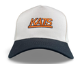 Kats trucker hat with vibrant orange lettering, a white mesh crown, and a navy bill.