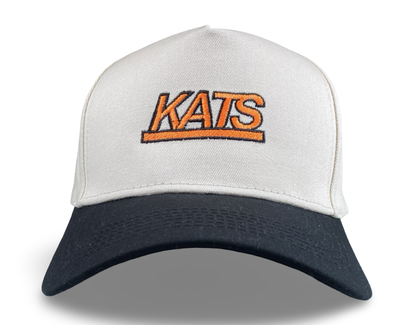 Kats trucker hat with vibrant orange lettering, a white mesh crown, and a navy bill.
