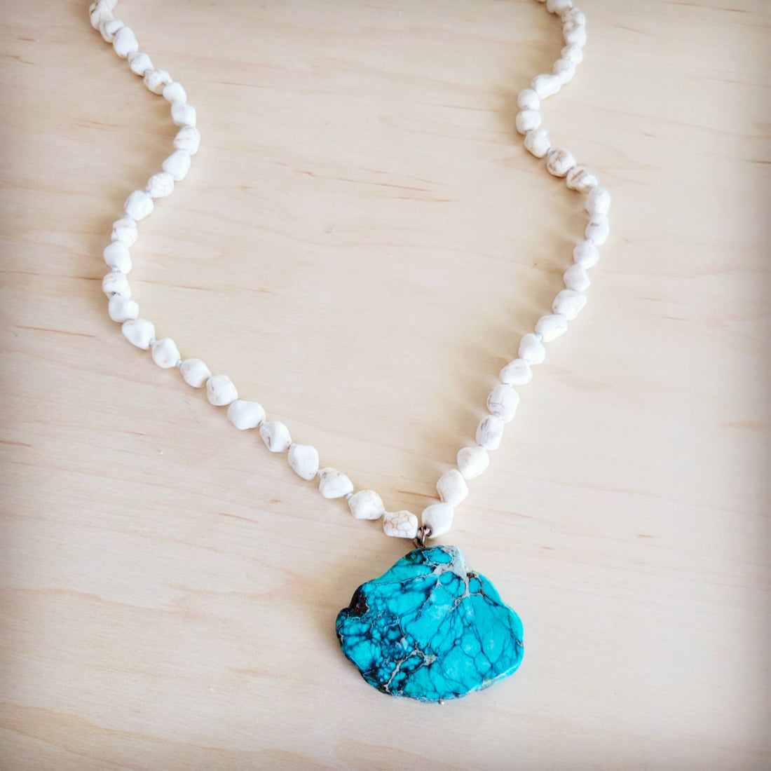 Long White Turquoise Beaded Necklace with Regalite Slab Pendant - Image 4