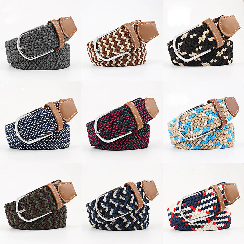 Women's Elastic Woven Belt with Faux Leather Trim & Metal Buckle - Image 5