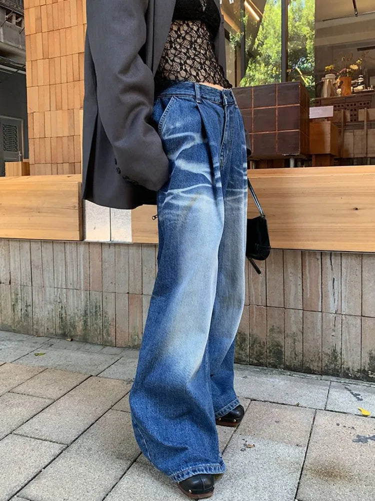 Classic Blue Harajuku Loose Pleated Wide Leg Denim Jeans - Image 3