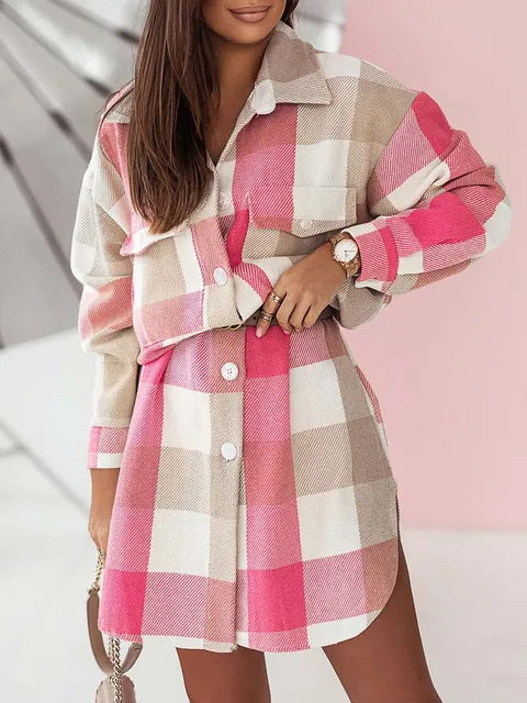 Women's Harajuku Plaid Longline Button-Front Shacket Coat