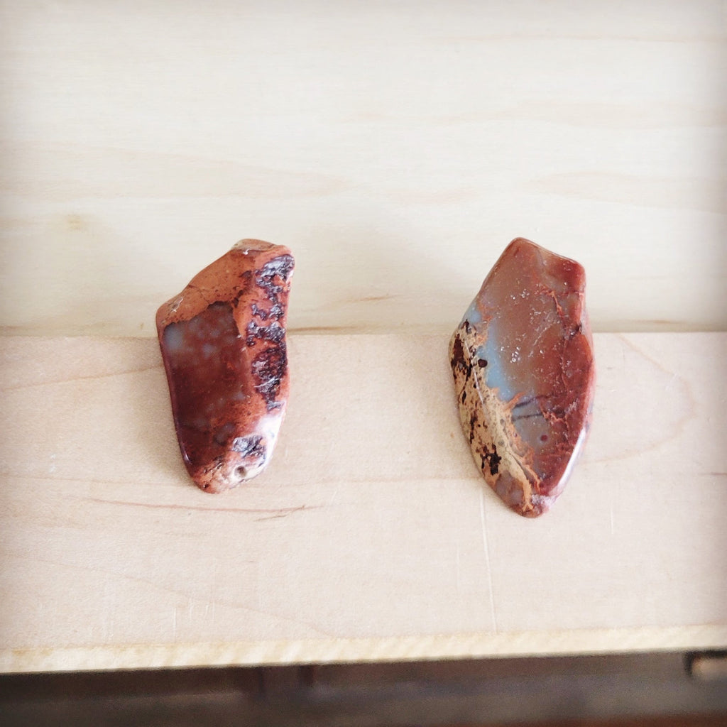 A pair of genuine Aqua Terra slab stud earrings with natural rust and brown stone patterns.