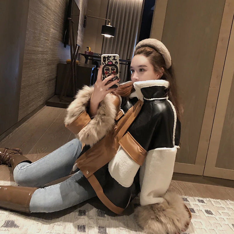Women's Vintage Faux Leather & Fur Color Block Harajuku Jacket - Image 5