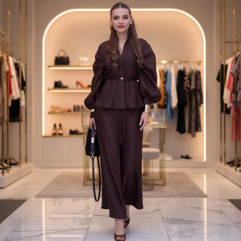 Women's V-Neck Puff Sleeve Belted Peplum Top & Maxi Skirt Set