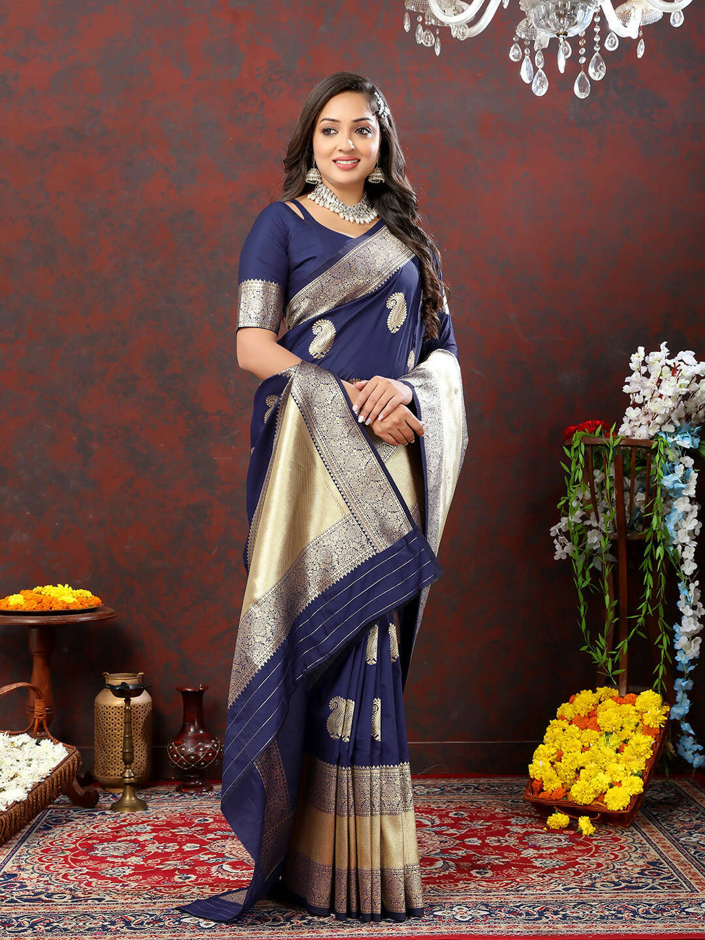 Navy Blue Soft Silk Saree with Gold Zari Weaving