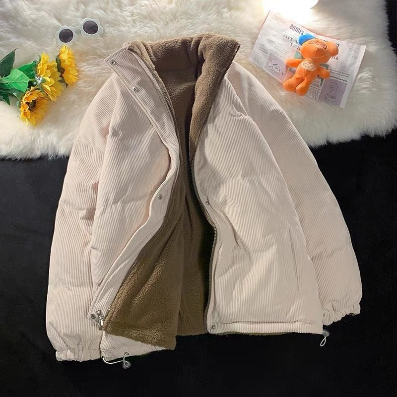 Women's Harajuku Corduroy Lamb Wool Puffer Coat for Winter