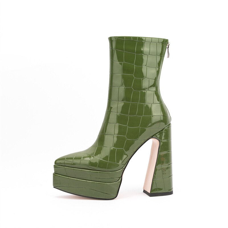 Women's Chunky Platform Ankle Boots - Stone Pattern High Heel