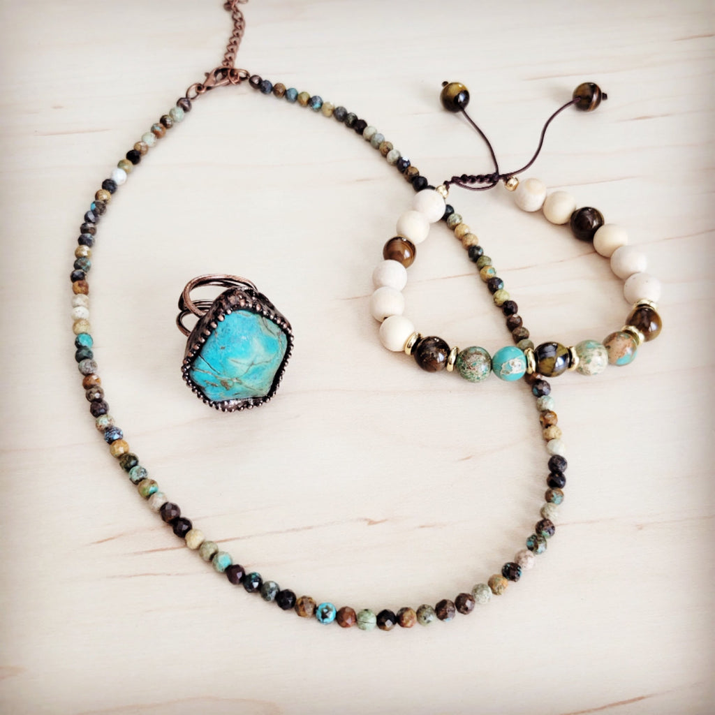 Genuine Jasper and Tigers Eye Adjustable Boho Beaded Bracelet