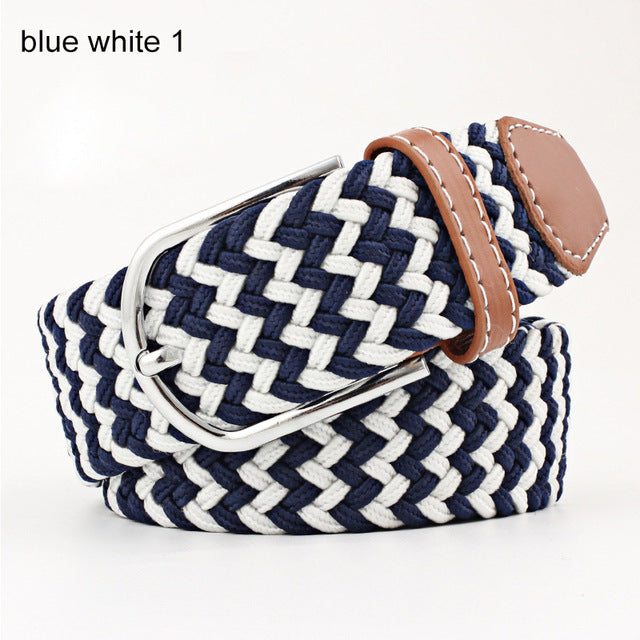 Women's Elastic Woven Belt with Faux Leather Trim & Metal Buckle - Image 7