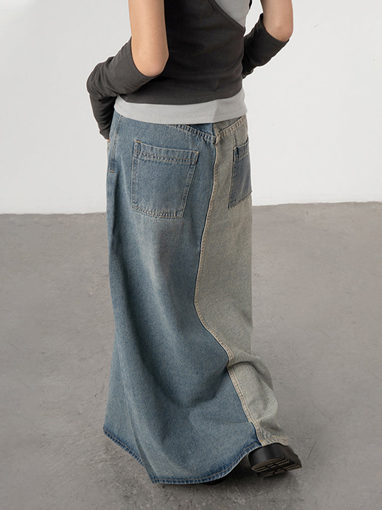 Women's Vintage Color Block Denim Maxi Skirt with Pockets