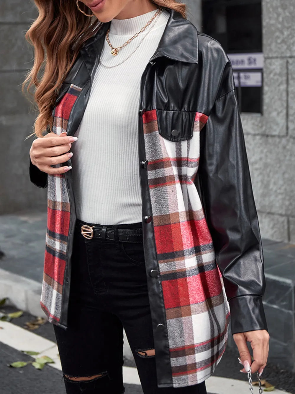 Women's Plaid & Faux Leather Long Sleeve Shirt Jacket - Image 2