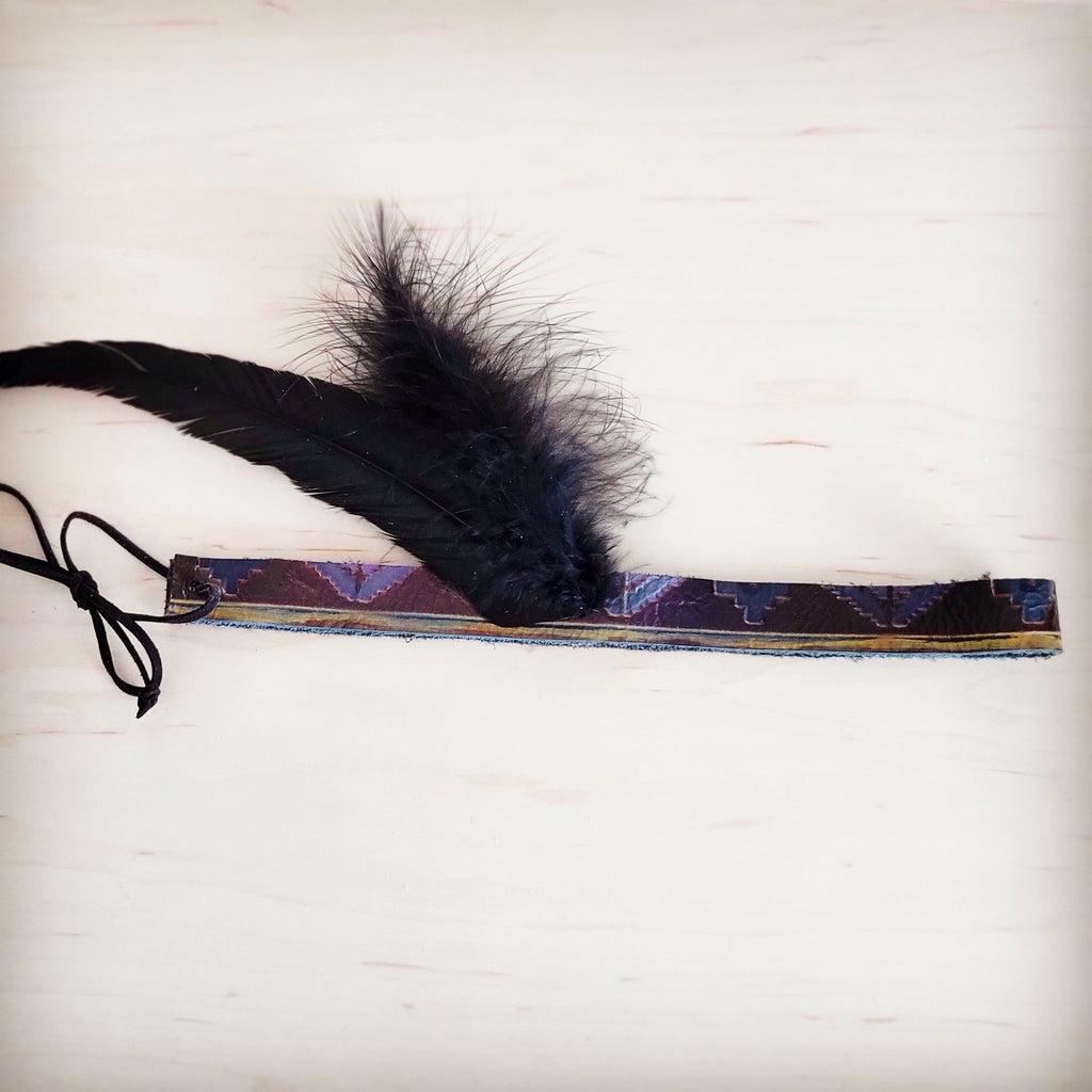 Magenta Navajo Print Leather Hat Band with Black Feathers - Image 2