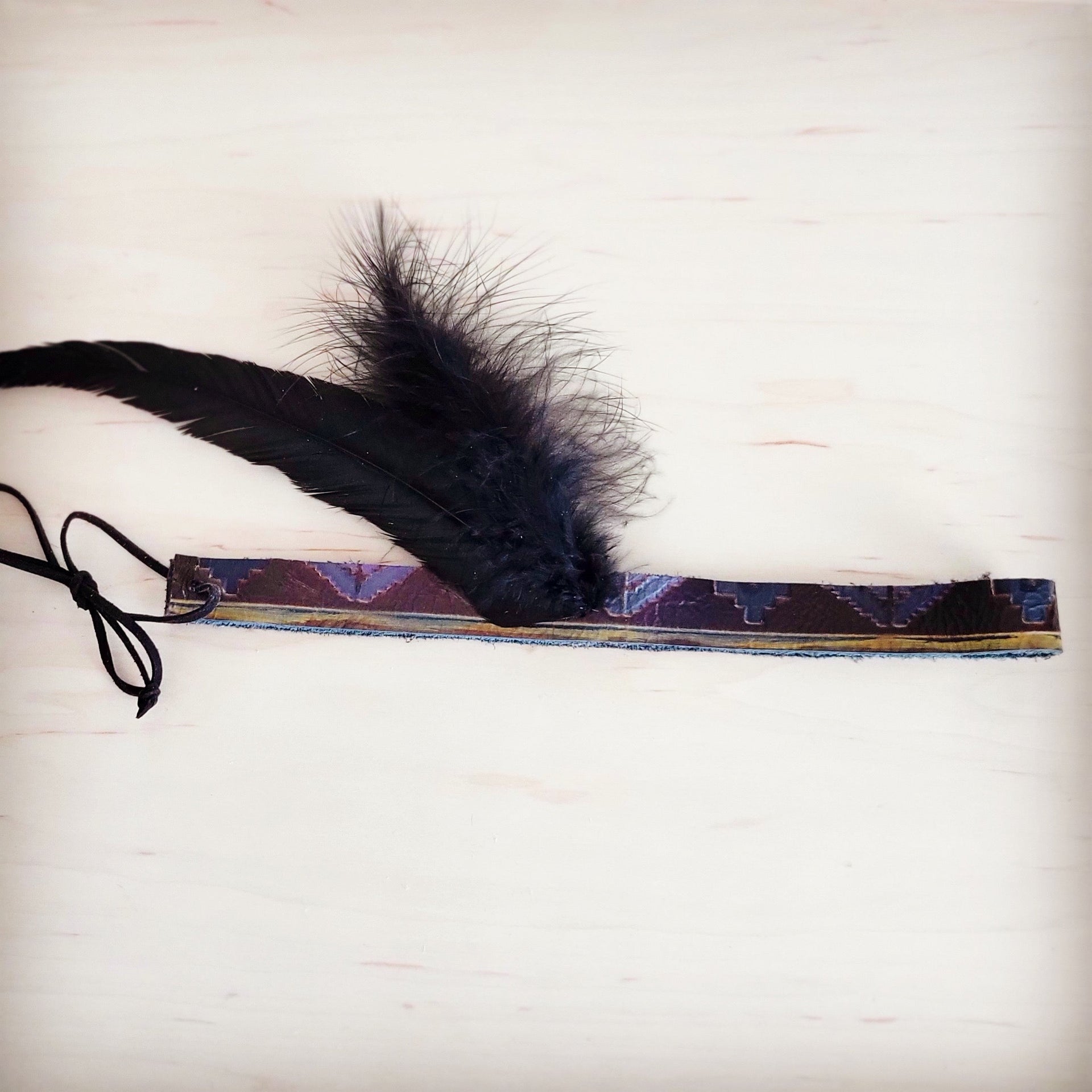 Magenta Navajo Print Leather Hat Band with Black Feathers - Image 2