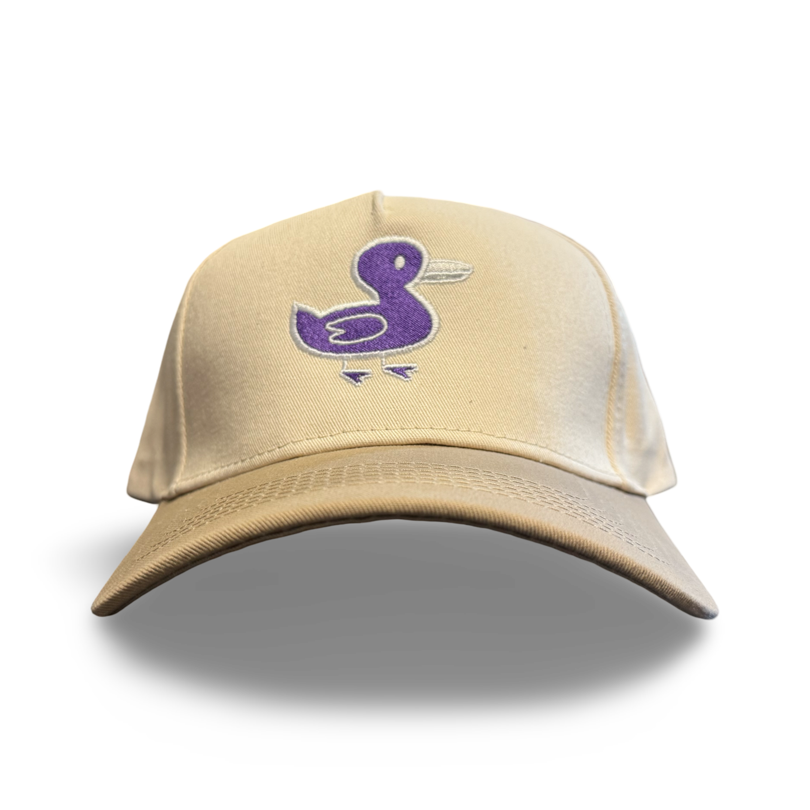 Tan snapback hat with Doodle Duck graphic