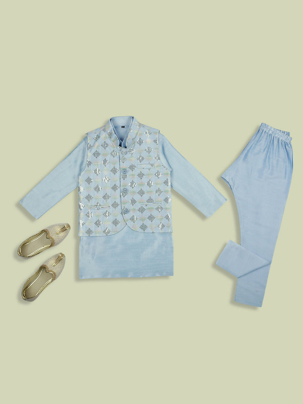 Sky blue kurta pyjama set for kids with a decorative tikli work Nehru jacket