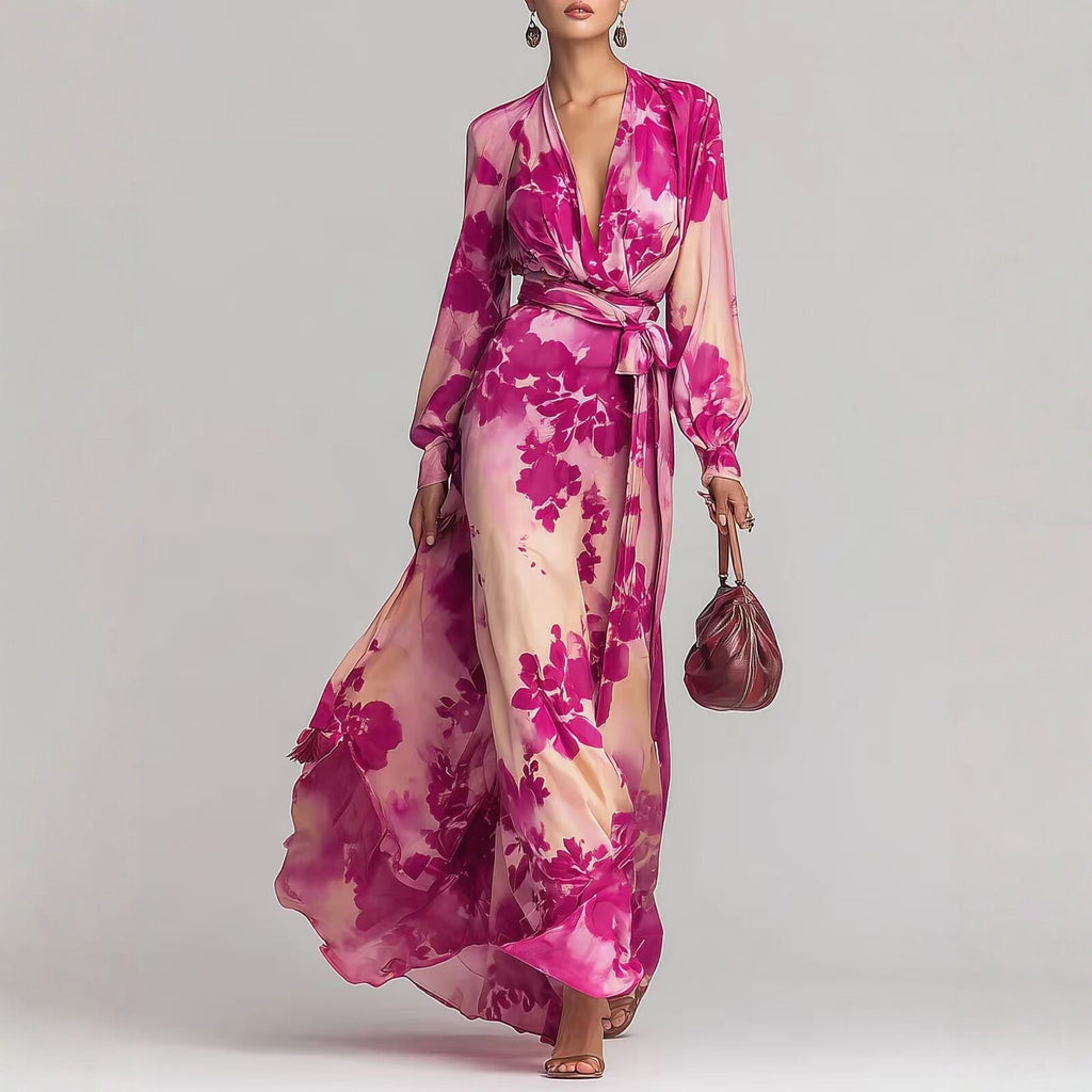 Floral Print Chiffon Tie-Up Maxi Dress - Romantic Fairy Dress