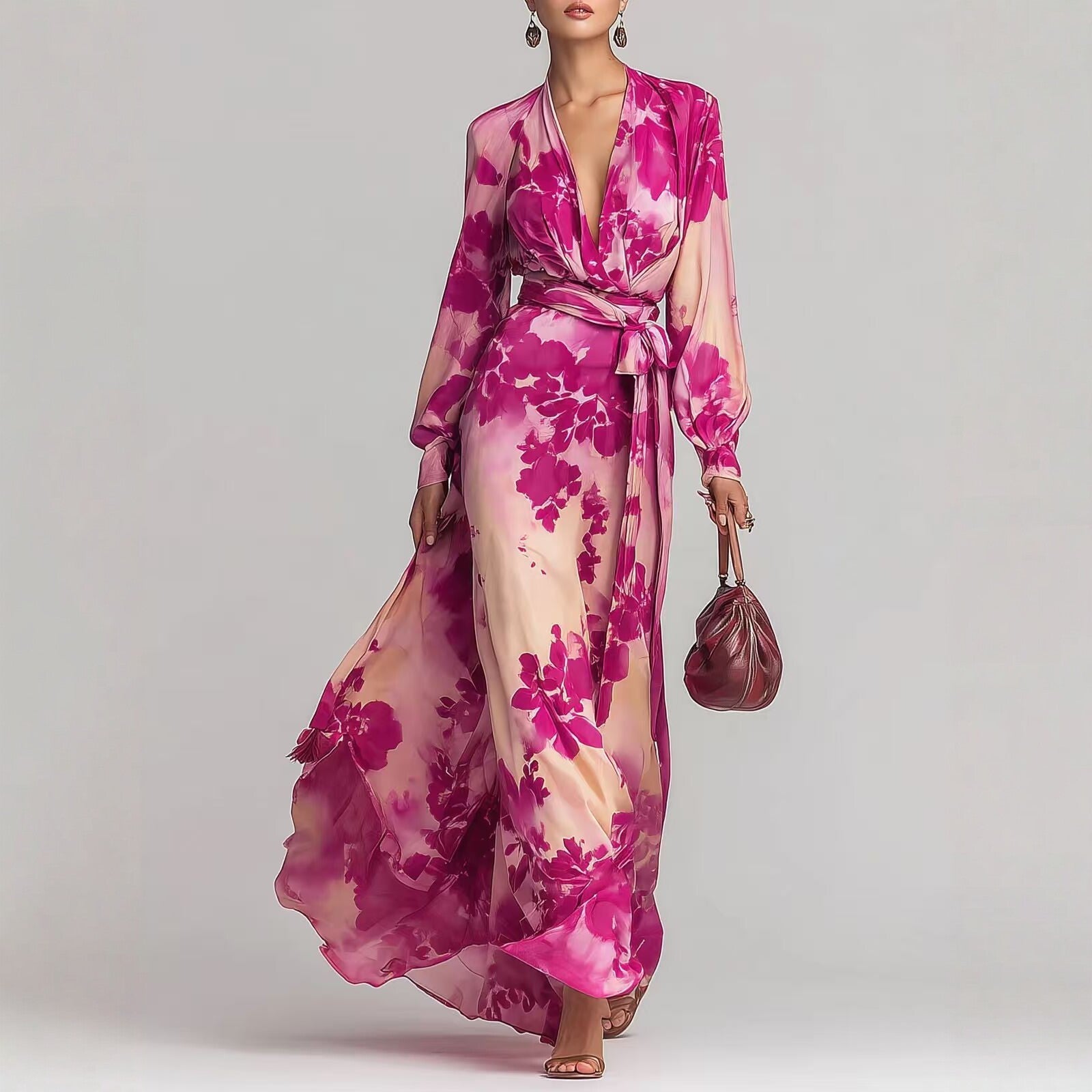 Floral Print Chiffon Tie-Up Maxi Dress - Romantic Fairy Dress
