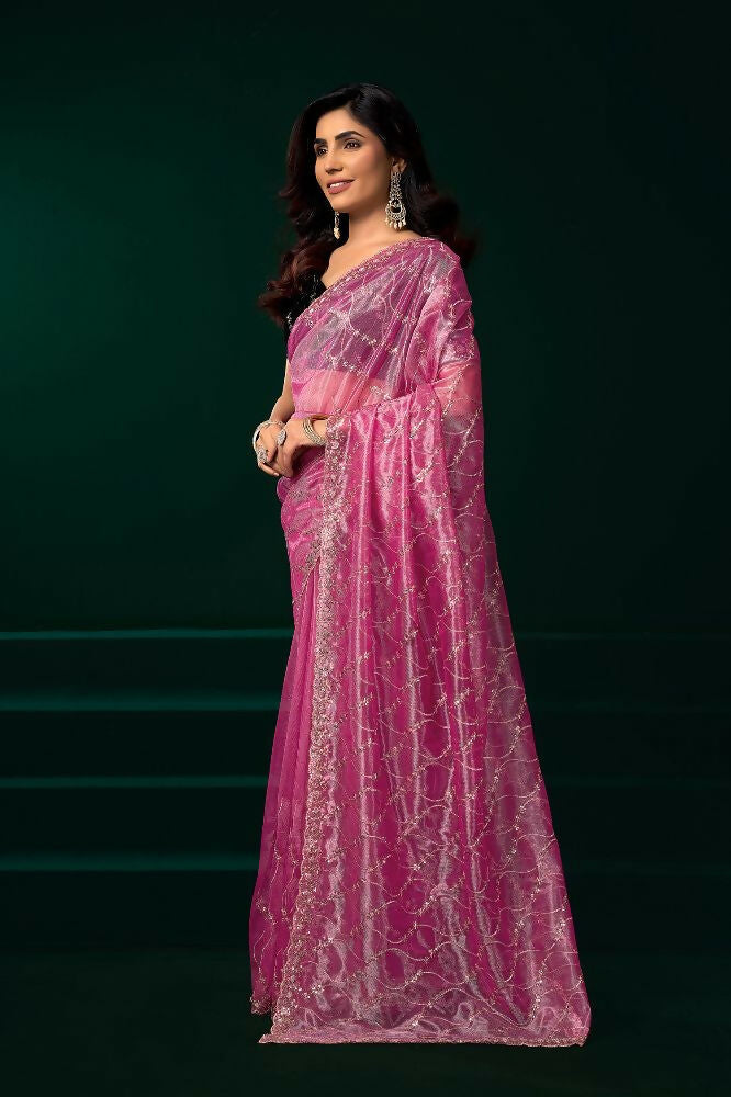 Pink Net Party Wear Saree with Contrast Black Velvet Blouse