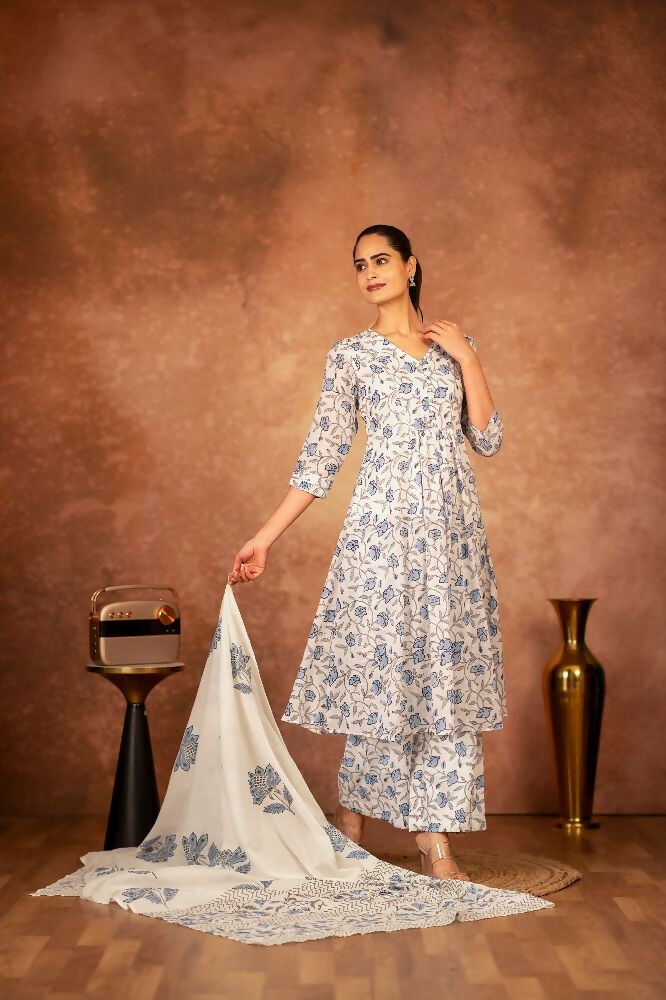 Blue Hand Block Printed Cotton Suit Set for Women